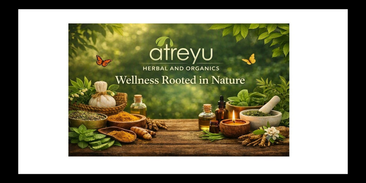 A promotional banner for 'atreyu Herbal and Organics' featuring the brand name in white text over a lush green forest background. Below the brand name, the tagline 'Wellness Rooted in Nature' is displayed above a rustic wooden table filled with wellness ingredients, including turmeric, ginger, herbs, a lit candle, and small bottles.